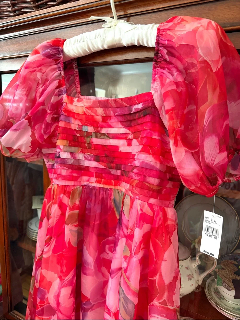 New Girls Dress Red & Pink Floral Puff-Sleeve Size 12